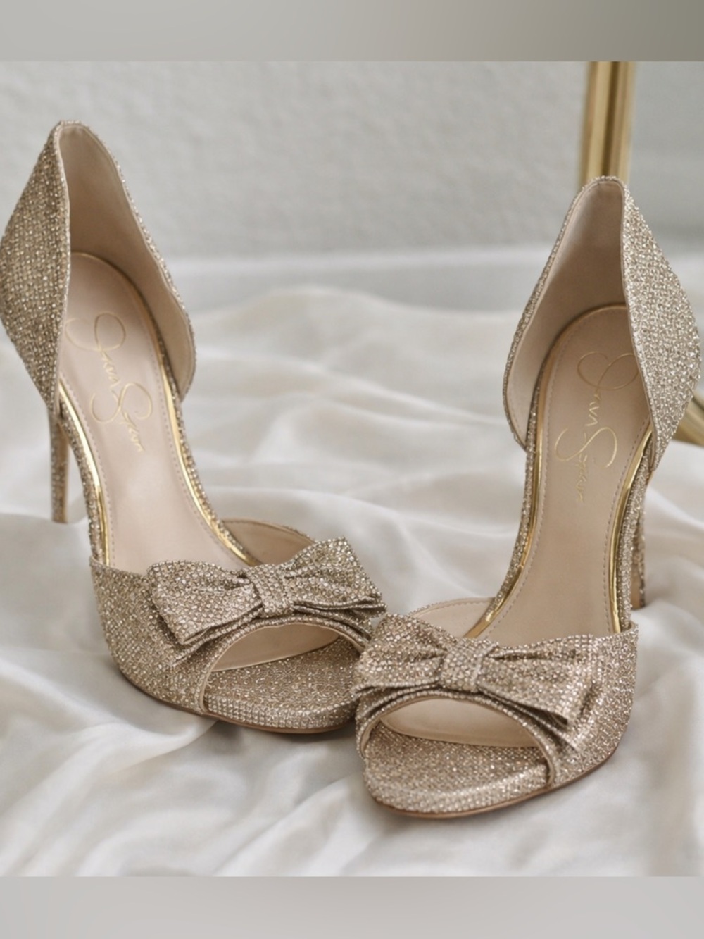 Jessica Simpson Crystal Bow Heels – Champagne Gold Sparkle Stiletto Peep- Toe
